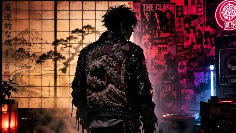 Shouji Ramone visual aesthetic featured art combining a leather jacket with Great Wave embroidery, traditional shoji screens, and neon punk rock posters.