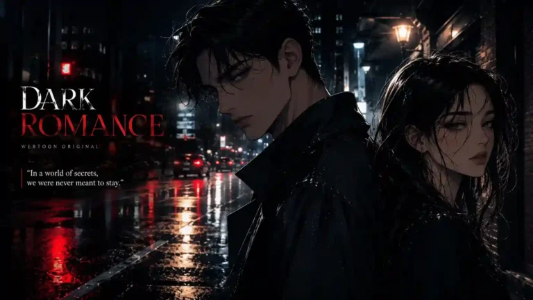 Dark romance webtoon characters standing in a rain-slicked city street from junes noir manhwa