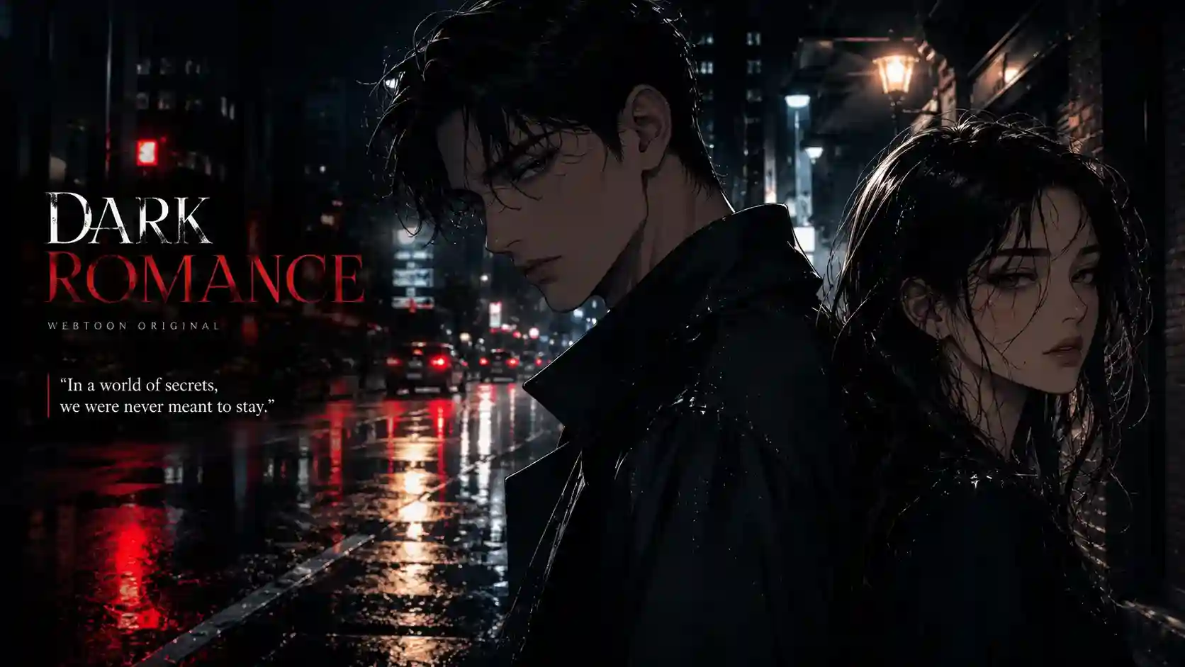 Dark romance webtoon characters standing in a rain-slicked city street from junes noir manhwa