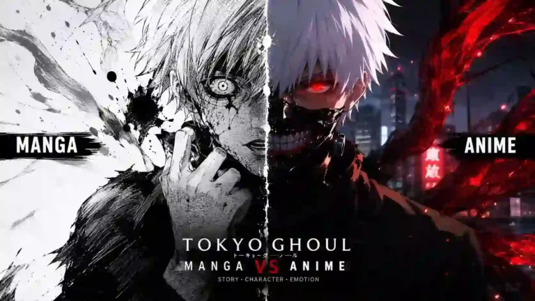 Tokyo Ghoul manga vs anime differences split art of Kaneki Ken black-and-white manga style versus red anime kagune version