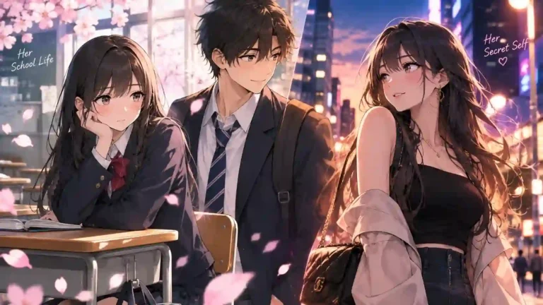 Split illustration of the main characters from Falling for Her Secret Side manga, contrasting the female lead's quiet school persona with her secret stylish night persona as the male lead looks on.