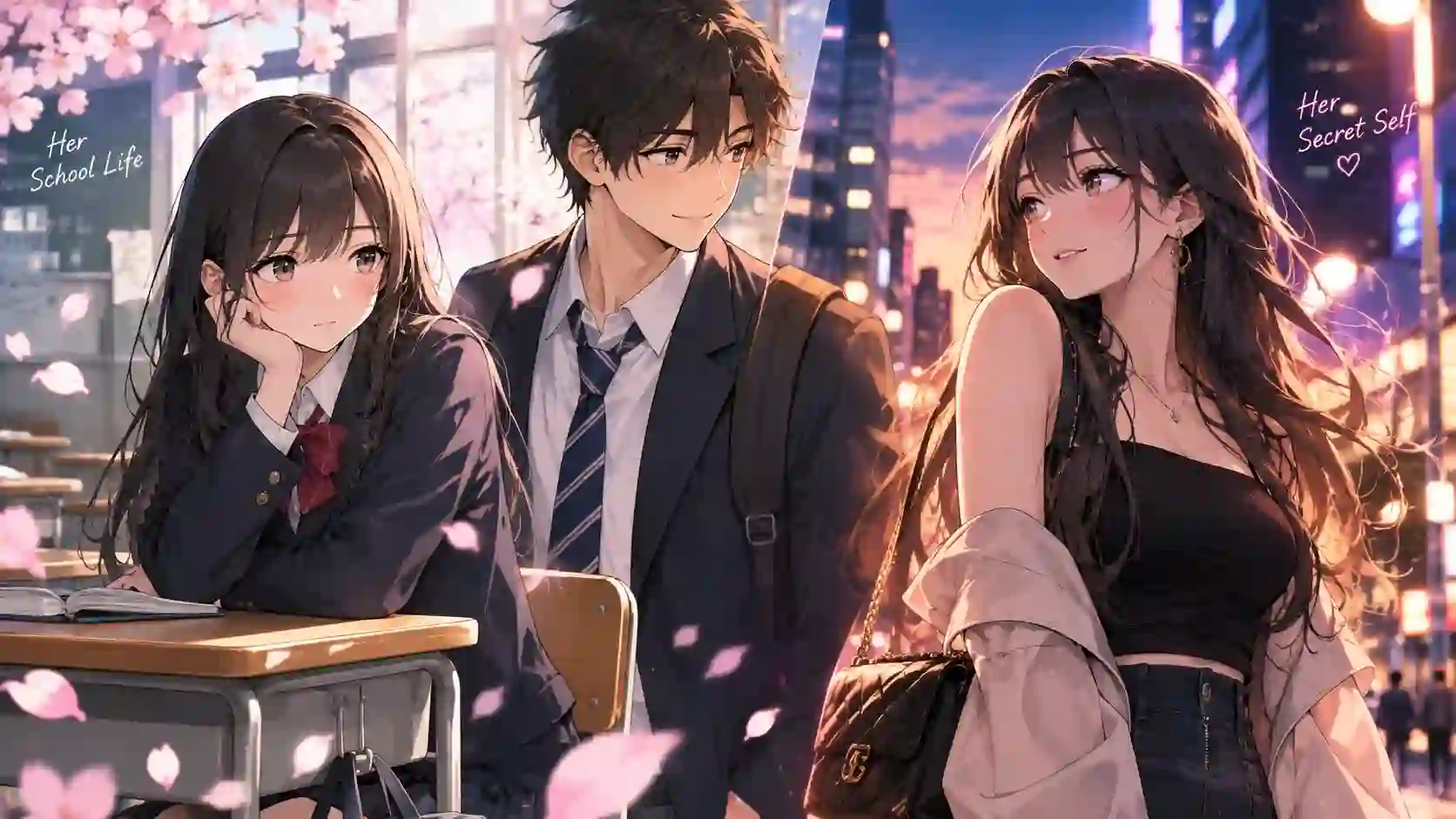 Split illustration of the main characters from Falling for Her Secret Side manga, contrasting the female lead's quiet school persona with her secret stylish night persona as the male lead looks on.
