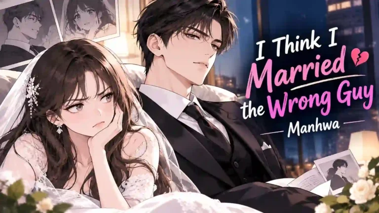 I Think I Married the Wrong Guy manhwa cover art showing unhappy bride and cold groom in wedding attire.