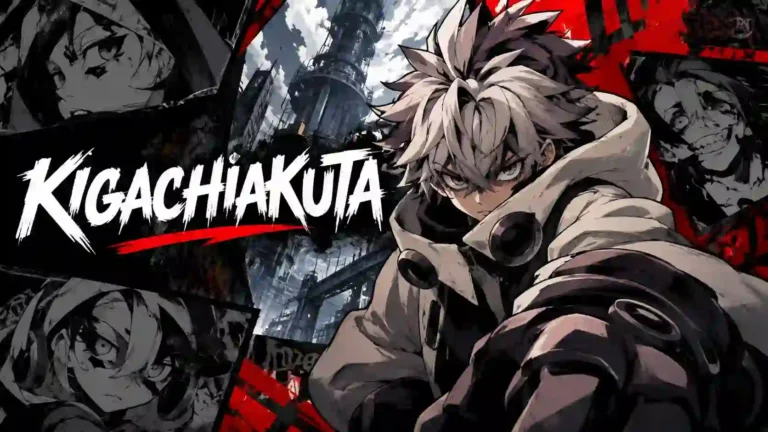 Stylized kigachiakuta poster featuring main character Rudo with white spiky hair and intense eyes against a red and black gritty manga panel background.