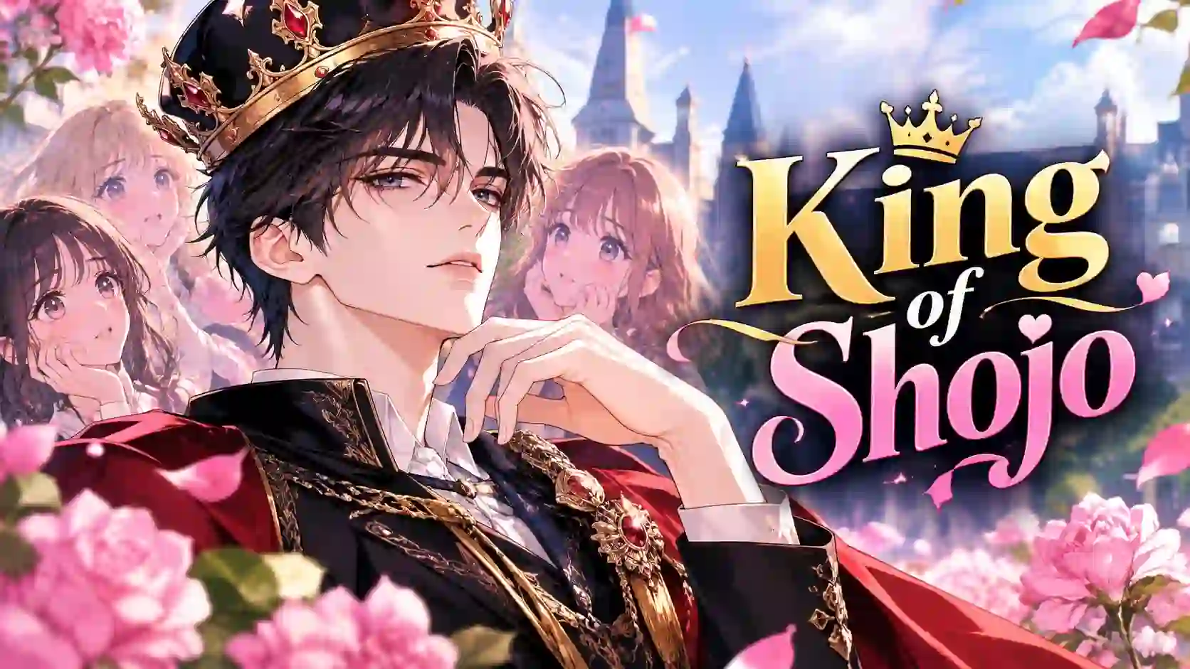 King of Shojo manga cover art showing crowned male lead with female characters and pink cherry blossoms.