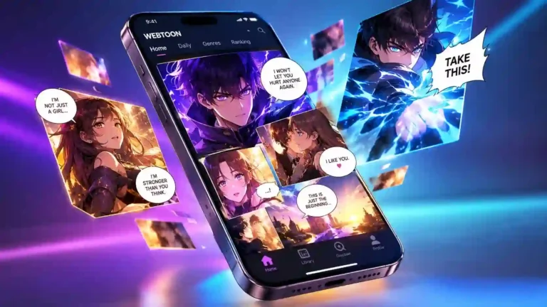 Smartphone displaying a vertical-scrolling webtoon digital comic app with colorful manhwa action and romance panels.