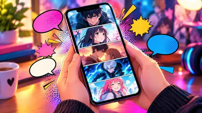 Heytoon comics displayed on a smartphone screen showing free webtoon episodes and popular series