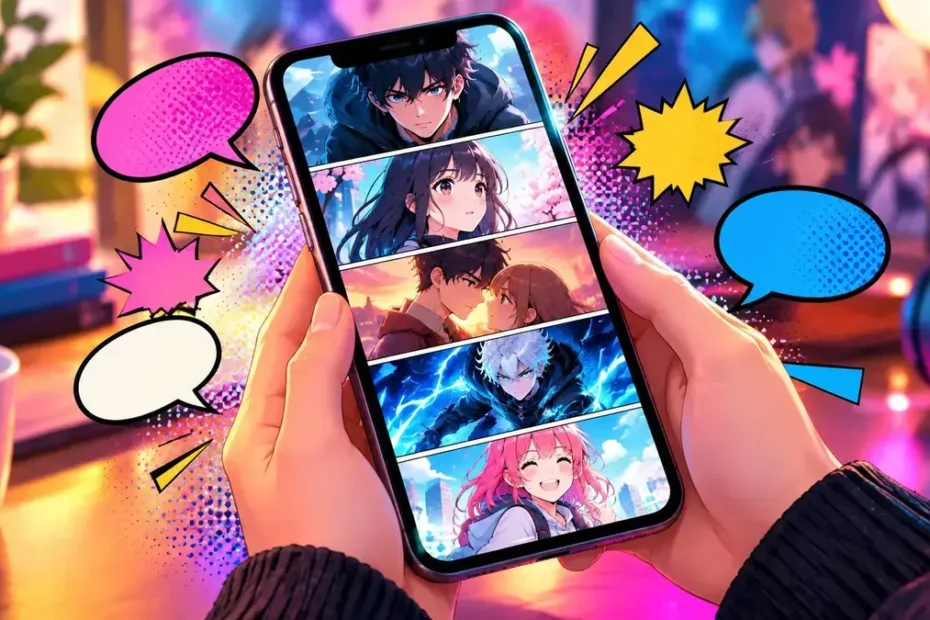 Heytoon comics displayed on a smartphone screen showing free webtoon episodes and popular series