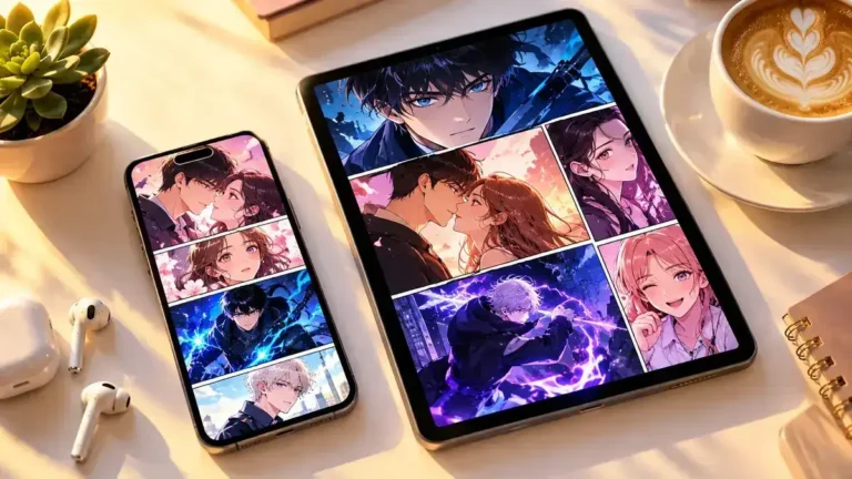 Smartphone and tablet displaying hotcomics webtoon panels with colorful Korean manhwa artwork on a modern desk setup