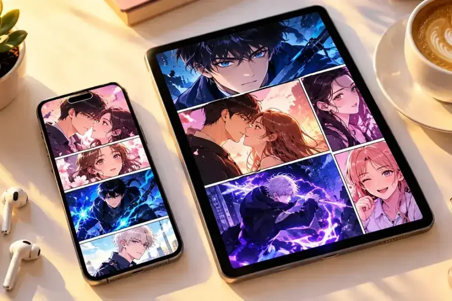 Smartphone and tablet displaying hotcomics webtoon panels with colorful Korean manhwa artwork on a modern desk setup
